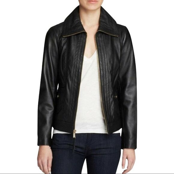 Michael Kors Missy Wing Collar Black Leather Moto Jacket Size XS $695 - Picture 2 of 16